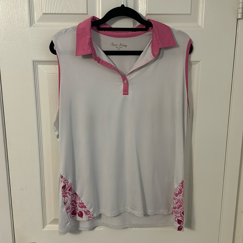 Women’s Golf Polo White with Floral Hawaiian Design XL